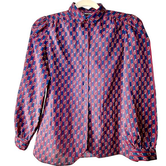 Vintage Paisley Blouse Puffy Sleeves Navy Red Silky Button Up Size Small - Picture 2 of 11
